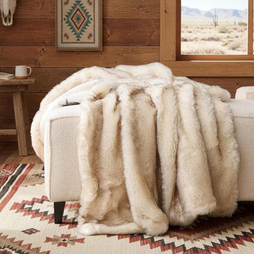 Luxury Plush Faux Fur Throw Blanket with Aztec Pattern, Super Warm, Fuzzy, Elegant, Fluffy Decoration Blanket for Couch, Armchair, Sofa and Bed, 50''x 60'', Cream