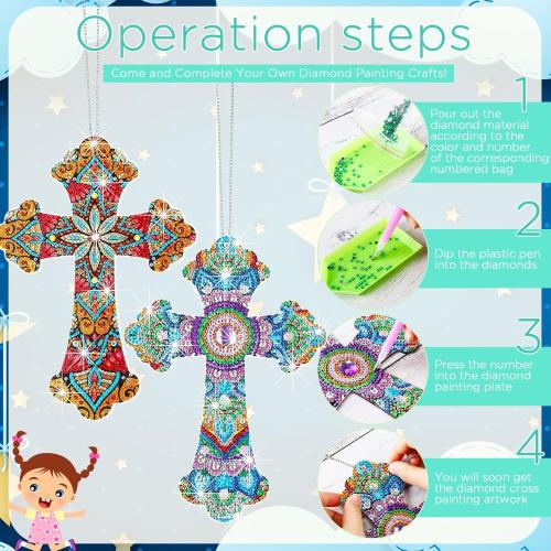 Faccito 3 Pcs Cross Diamond Art Painting Hanging Kit for Adult DIY 5d Crystal by Number Mandala Cross Rhinestone Pendant Acrylic Mosaic Wall Ornament Gift for Easter Religious Christians Woman