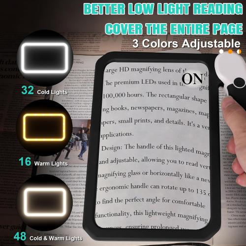 30X 10X 5X Large Magnifying Glass with Light, Rechargeable Foldable Full Book Page Magnifier, 48 LED Light Small Print Magnifier Sheet Lightweight for Low Visual Person and Seniors (Black)