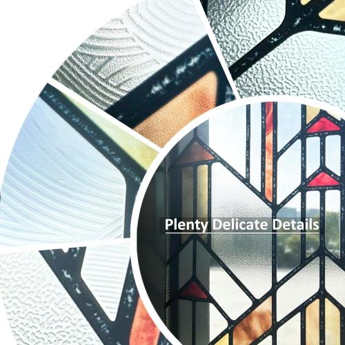 Original Hand Drawn Faux Stained Glass Window Film, Double-Sided Privacy Static Film, Amber Geometry Patterns Inspired by Hollyhock House, See Through 11.02X55.12