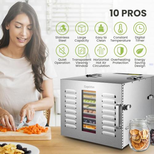 Commercial 10 Trays Food Dehydrator Machine for Jerky and Herbs Usable Area up to 24.65ft² and 194℉ Temperature 1000W Detachable Stainless Steel Dryer for Meat Fruit Mushrooms Beef Food Dark Black