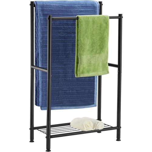 Free Standing Towel Rack, 2 Tier Towel Racks for Bathroom with Storage Shelves, Modern Outdoor Standing Towel Drying Rack for Poolside, Black Blanket Rack Holder, DECLUTTR