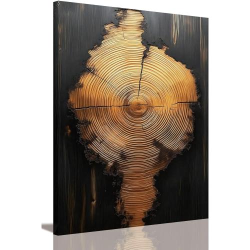 IBHJSART Framed Tree Ring Canvas Wall Art Black And Gold Wall Art Prints Modern Minimalist Pictures Neutral Nature Rustic Farmhouse Decor Living Room Bedroom Bathroom Office.