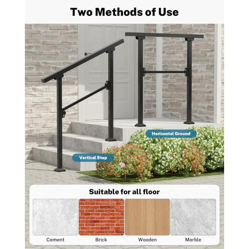 Hand Rails for Outdoor Steps, 3 Step Handrail, Stair Railing Indoor, Hand Rails for Indoor Stairs & Wrought Iron Handrails for Outdoor Steps for Porch/Deck, Black