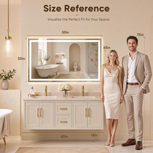 Antok 55x30 LED Bathroom Mirror with Lights, Backlit   Front Lit Vanity Mirror with CRI>90, Dimmable Anti-Fog Smart Mirror with Memory Function, 3 Color Temperatures, Shatterproof Tempered Glass, ETL