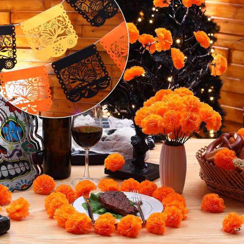 Riceshoot 52 Pieces Day of the Dead Decorations Set Fiesta Artificial Marigold Flower Heads with Stems Monarch Butterfly Felt Mexican Party Banner for Dia De Los Muertos Altar Diwali Decor