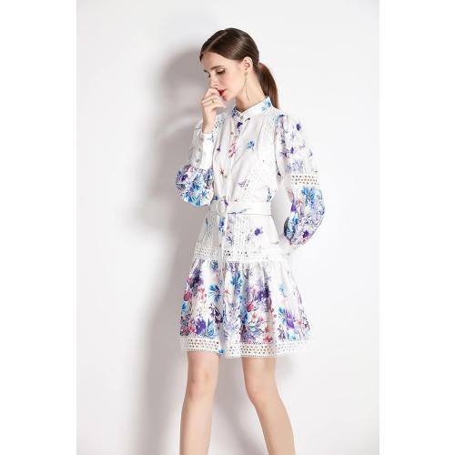 Size XL.....Women's Hollow Out Floral Print Lantern Sleeve Button Casual Mini Dress