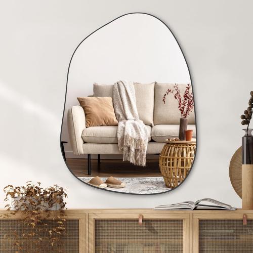 Irregular Asymmetrical Wall Mirror, 32x24 Black Bathroom Mirror | Decorative modern unique mirror. HD glass mirror for bedroom, living room, entryway, mantel and vanity decor