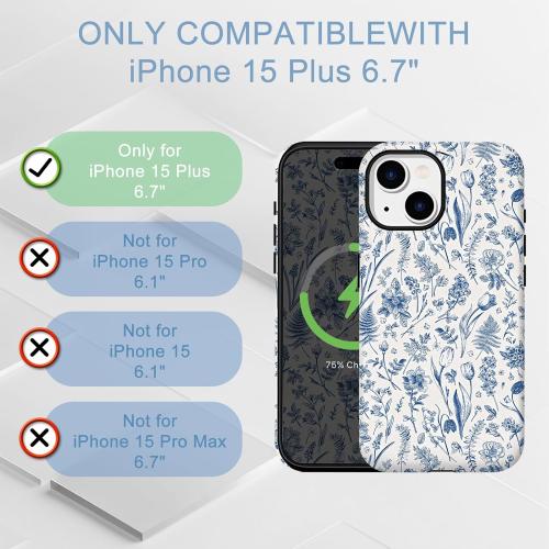 Compatible for iPhone 15 Plus Case Vintage Blue Flowers Florals Cute Aethetic Design for Women Girls [Compatible with Magsafe] Rugge 2-in-1 Layer Shockproof Anti-Scratch Phone Case