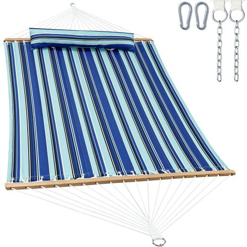 GAFETE Hammock 2 Person Quilted Fabric Hammocks for Outside, Double 12ft Hammocks with Spreader Bar, Large Removable Pillow, Storage Bag, Carabiners, Max 475 lbs Capacity (Catalina Beach)