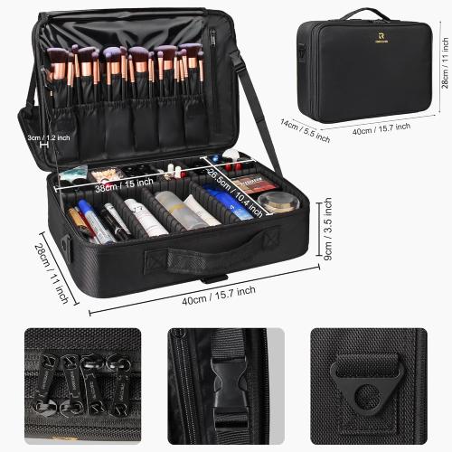 Relavel Makeup Case Large Makeup Bag Professional Train Case 16.5 inches Travel Cosmetic Organizer Brush Holder Waterproof Makeup Artist Storage Box, 3 Layer Large Capacity, with Adjustable Strap