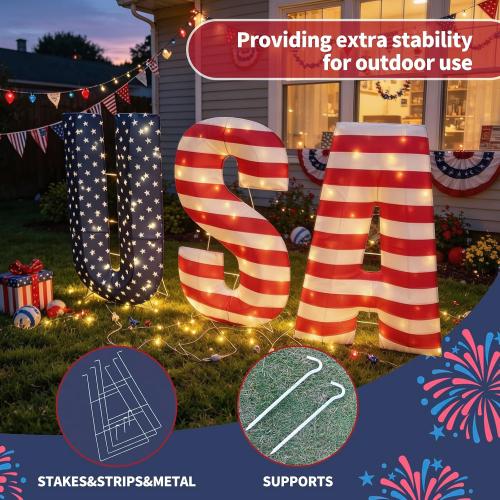 USA 250th Anniversary Light Up Letters, 108 LED Patriotic Yard Decorations, 2.36 FT Outdoor Lighted USA Sign for America 250 Celebration, 4th of July Front Yard Lawn Garden Porch Decor