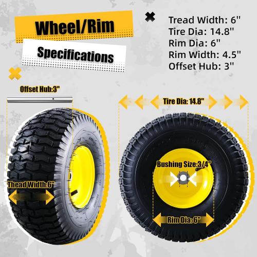 MZREXN 15x6.00-6 Lawn Mower Tires and Wheel Assembly, Front Tires Replacement, Compatible with John Deere & More Riding Mowers, 4 Ply Pneumatic, 3 Offset Hub, 3/4 Bearings, Tubeless, 2PCS