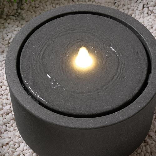 GREY 10.23” H Outdoor Water Fountain Made with Eco-Friendly Recyclable Materials, Polyethylene Round Bubbler Outdoor Fountain, Garden Decor with LED Light for Patio, Porch, Backyard