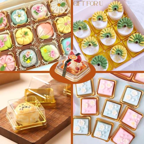 Cake Container Clear Plastic Lids 3.5in Small Dessert Boxes with Gold Bottom and Sticker for Mini Individual Cake Slice Cupcake Cheesecake and Wedding Birthday Present(50 Pack)