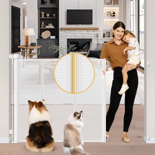 Reinforced 42 Extra Tall Retractable Baby Gates Tall Dog Gate with Support Rods, 55 Wide Mesh Gate Retractable Pet Gate Indoor/Outdoor Baby Gates for Dogs - Bottom Anti-Escape, White