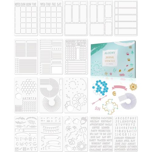 ALODNY 16 Pcs Journal Stencils Set - Time Saving Bullet Journaling Supplies/Accessories Kit -Ultimate Productivity Planner Stencil for Bullet Journal Stencils A5 Dotted Journals