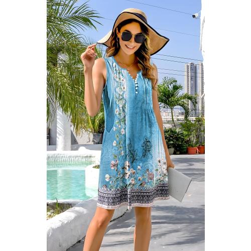 Size M Sundresses for Women 2025 Vacation Swim Cover up Beach Dresses Button Down Sleeveless Boho Floral V-Neck Summer Dress.