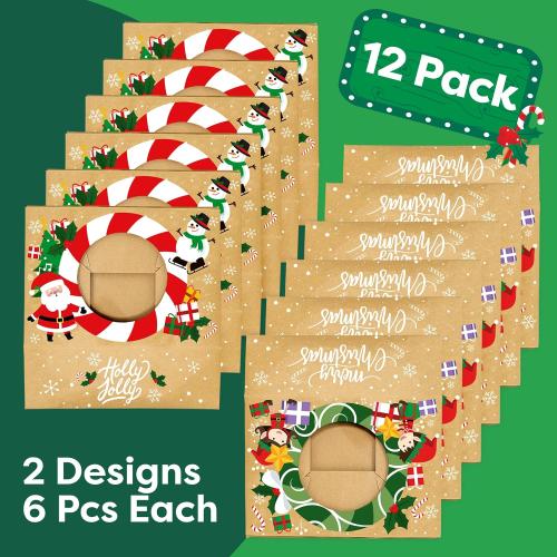 Christmas Cookie Boxes for Gift Giving - 12 Kraft Christmas Cookie Tins With Lids - Sturdy Christmas Treat Boxes, Christmas Tins - Festive Christmas Cookie Box Packaging - Cookie Boxes with Window