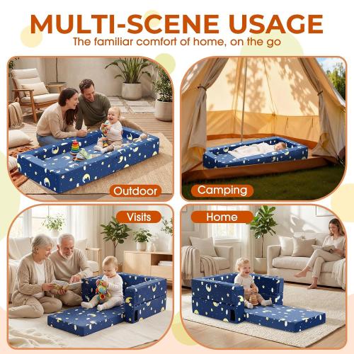 Portable 3-in-1 Toddler Travel Sofa, Soft Fabric&High-Density Foam | Easy-Clean Machine Washable Cover with Moon Star Cloud Print for Camping & Indoor/Outdoor Use - Blue