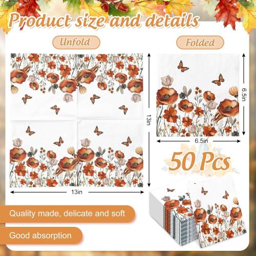JarThenaAMCS 50Pcs Fall Floral Paper Napkins  for Thanksgiving Harvest Wedding Birthday Party Supplies