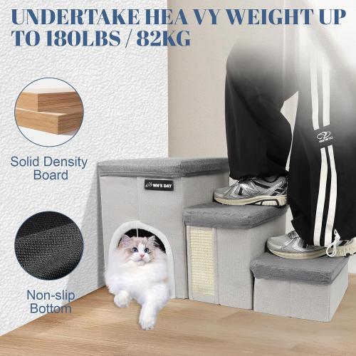 Dog Stairs for Bed Couch Folding with Storage, Dog Stairs for Small Dogs to Get On Bed with Cat Condo, Steps for Large Medium Dogs, Old Cat Pet Stair Steps for High Beds 17.2 H, Pet Ramp Up to 220LBS