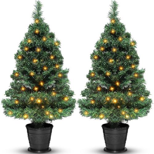 Sosation 2 Pcs 3 ft Artificial Christmas Tree Decor Prelit Tabletop Flocked Christmas Tree with Lights Pine Cones Plasic Base Pre Lit Green Xmas for Indoor Porch Decoration 8 Modes Timer 80 LEDs