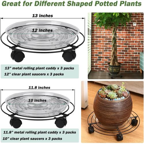 6 Packs Large Metal Plant Caddy with Wheels 13 and 11.8 Heavy-duty Wrought Iron Rolling Plant Stands with Casters Plant Dolly Plant Roller Base Indoor and Outdoor Plant Pot Movers Planter Rollers