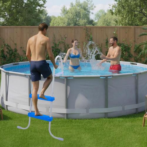 Threlaco 33 Inch Above Ground Pool Ladder 2 Step Steel Frame Swimming Pool Entry Exit Ladder Non Slip Metal Frame Steps, Weight Capacity 300lbs(White and Blue)