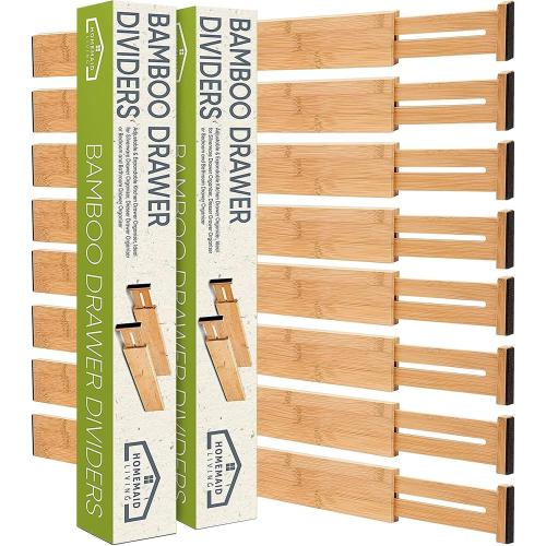 ADJUSTABLE Homemaid Living Bamboo Drawer Dividers Adjustable & Expandable, Kitchen Drawer Organizer, Ideal for Silverware, Dresser Drawers Organizer or Bedroom & Bathroom Drawers Organizers (4pk)