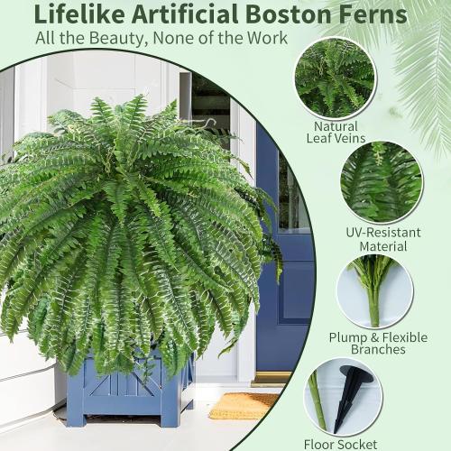 2 Pcs 50 Artificial Ferns for Outdoors with 96 Fronds & Ground Spike | Large Fake Ferns Artificial Boston Ferns Artificial Plants Large Faux Plants for Porch Garden Home Office Decor