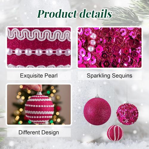32 Pcs Christmas Hanging Balls - 3 Size Glitter Pearl & Sequin Xmas Tree Ornaments Pearl Balls for Thanksgiving Day Xmas Trees Wreath Garland Holiday Party(Hot Pink)