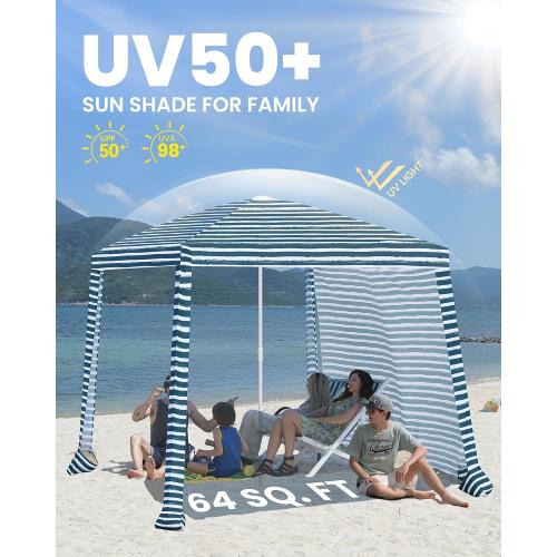 Beach Cabanas for Sand, Foldable Beach Canopy with Sandbags 8' | 43 Compact Fold, 8' x 8' Fits 6 Person, UPF 50 , Wind-Resistant, Privacy Side Wall, Easy Setup, 6.5-8' Adjustable Height