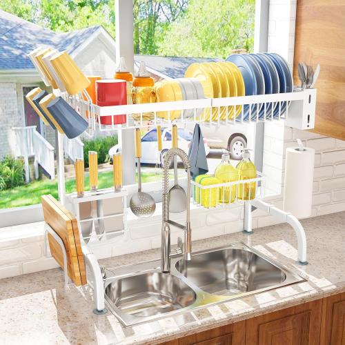 Over The Sink Dish Drying Rack, Adjustable (25.5 to 36.5 inch) 2 Tier Metal Steel Dish Drying Racks for Kitchen Counter with Hooks Paper Towel Utensil Cup Holder Sink Caddy (White)