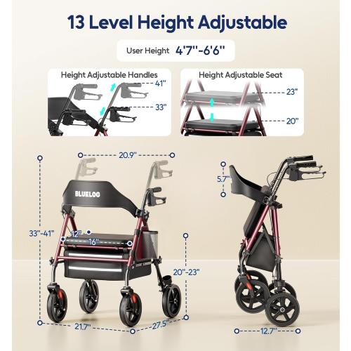 Bluelog Walkers for Seniors Rollator Walkers with Seat, 350lb Capacity with Cup Holder & Cane Holder, 8'' All Terrain Wheels, Adjustable Handles and Seat Height, Foldable Design, Burgundy