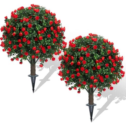 Set of 2 Artificial Boxwood Topiary Ball Trees with Red Flowers for Outdoor with Ground Spike 22, UV Resistant Faux Greenery Shrubs, Fake Plants for Garden, Yard, Porch, Patio Valentine's Day Decor