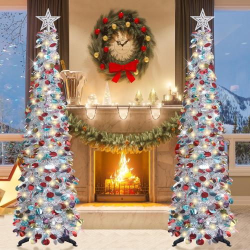 HMASYO 5 FT Pop Up Christmas Tree with Timer Lights, Silver Christmas Tinsel Tree, Collapsible Artificial Pencil Christmas Tree for Indoor Home Apartment Porch Holiday Party Decorations