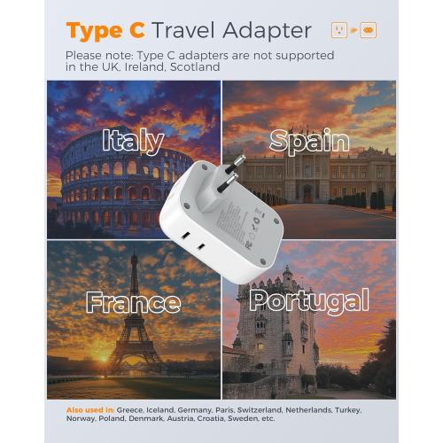 3 Pack European Plug Adapter USB C, TESSAN US to Europe Adapter 4 Outlets 3 USB Charger, Type C International Power Adaptor to Italy Spain France Portugal Iceland Germany, Europe Travel Essentials