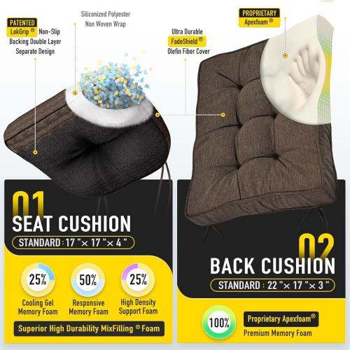 SUNROX Memory Foam Non Slip Rocking Chair Cushion, FadeShield Water Resistant Thicken Durable Tufted Pads, Set of Seat & Back Cushion with Ties for Indoor/Outdoor Rocker, 2 Piece, Heather Chestnut