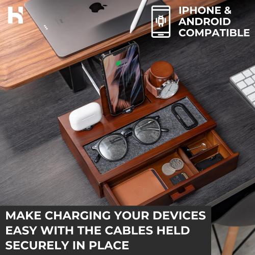 Holme & Hadfield Premium Wooden Phone Docking Station with Drawer – Nightstand Organizer for Charging Phone & Earbuds – Declutter Your Space with Felt-Lined Protection & Watch Pillar - Gift For Men