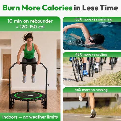 Mini Rebounder Trampoline for Adults, Fitness Trampoline with Bar | 450/550 lbs Exercise Trampoline with Adjustable Handle, 40/48 in for Indoor/Outdoor Workouts