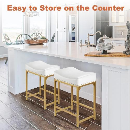 Bar Stools Set of 4 Counter Height, 24 Modern Off White & Gold Counter Stools Set of 4, Stools for Kitchen Counter, Modern Barstools Saddle Stool Backless Island(Off White Gold)