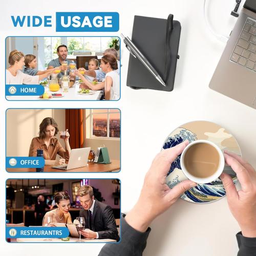 Japanese Style Waves Round 4 Cup Coasters Set of 4, Absorbent Ceramic Coasters with with Cork Backing, Table Home Decor, Gifts for Women Men