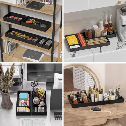 Bamboo Drawer Organizer, Narrow Silverware Organizer for Kitchen, Stackable Utensil Organizer, 2 Pcs Flatware Organizer, Wooden Storage Box Tray (Black, 12 X 3 X 2 Inch)