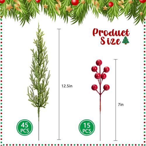 60 Pcs/Set Christmas 3D Artificial Pine Branches- 12.5 Inch Faux Evergreen Cedar Sprigs Branches- Fake Foliage Pine Needles Picks with Artificial Red Berry Stems for DIY Christmas Decoration