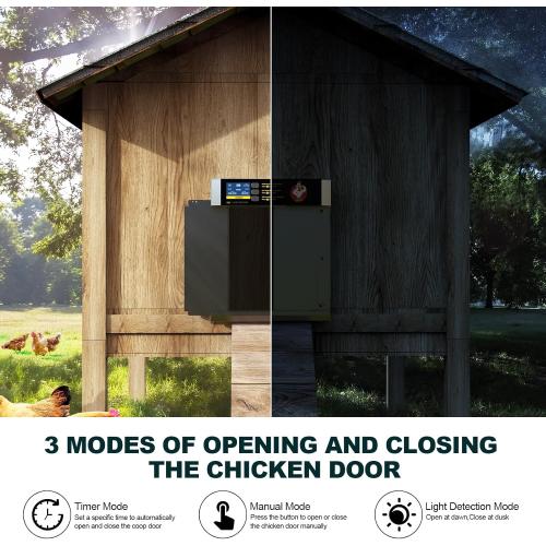 Chicken Coop Door, Automatic Chicken Coop Door Opener, Large LCD Display with Timer & Light Sensor, Anti-Pinch Protection