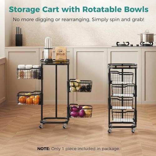 4 Tier Kitchen Fruit Vegetable Storage Cart with One-Piece Rotating Basket, Pantry Organizer Shelf Rack Floor Stand for Veggie Onion Potato Produce Spice, Rolling Snack Cart on Wheels, Black