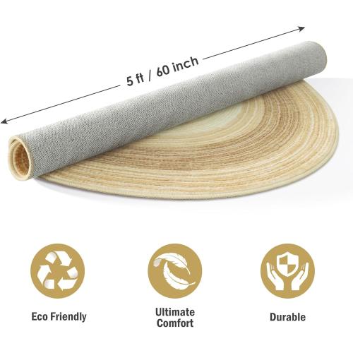 Carvapet 5 ft Round Washable Rug, Imitation Jute Low Pile Circle Carpet with Non Slip Rubber Backing, Foldable Stain Resistant Area Rug for Living Room Bedroom Office Bathroom