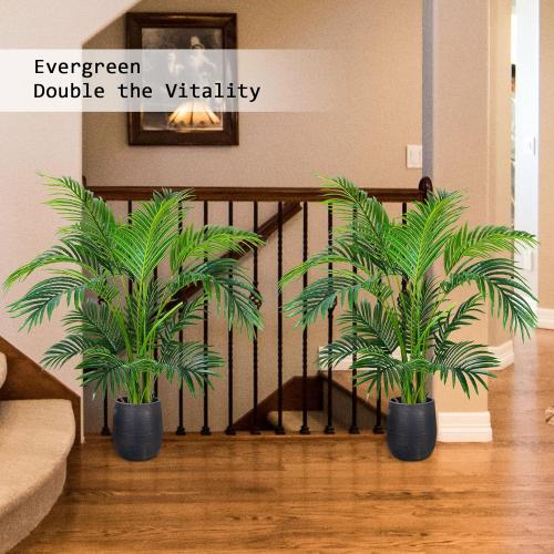 Worth Garden 4ft Artificial Areca Palm Plant 2 Packs in Pot, Fake Cane Palm Silk Tree Indoor Outdoor, Dypsis Lutescens, 47in Lifelike Faux Silk Plant Home Decor, Two Linen Bags Included
