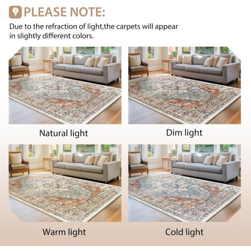 BESTSWEETIE 8x10 Area Rug Washable Rugs for Living Room, No Pile Boho Carpet for Entryway Bedroom Dinning Room, Vintage Carpet Print Distressed Non-Slip, 8 x 10 ft, Green Brick Rust Red